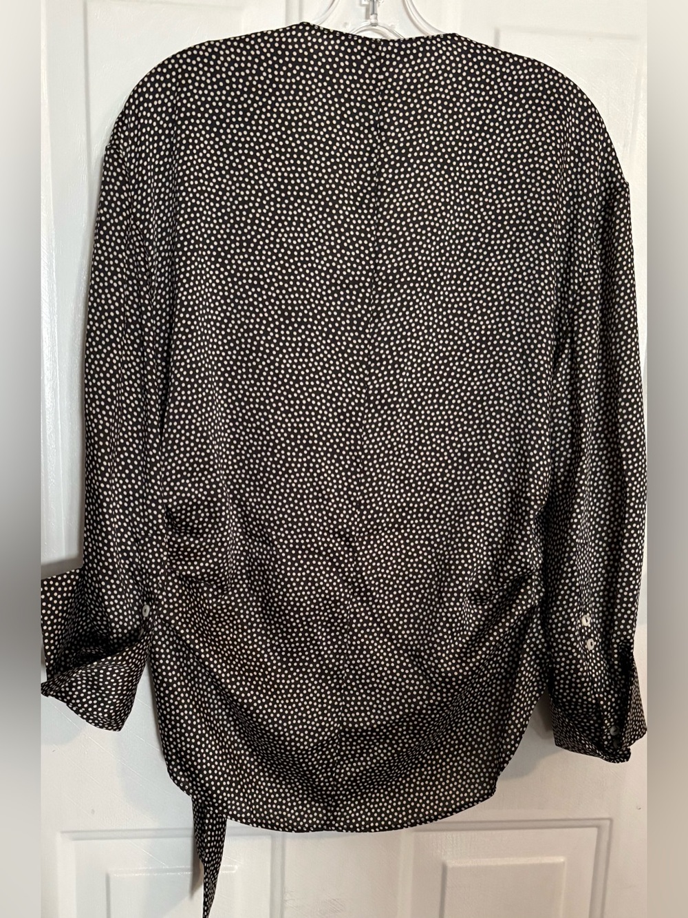 Zara Black & White Polka Dot Faux Wrap Blouse with Wide Cuff Sleeves - Picture 6 of 16